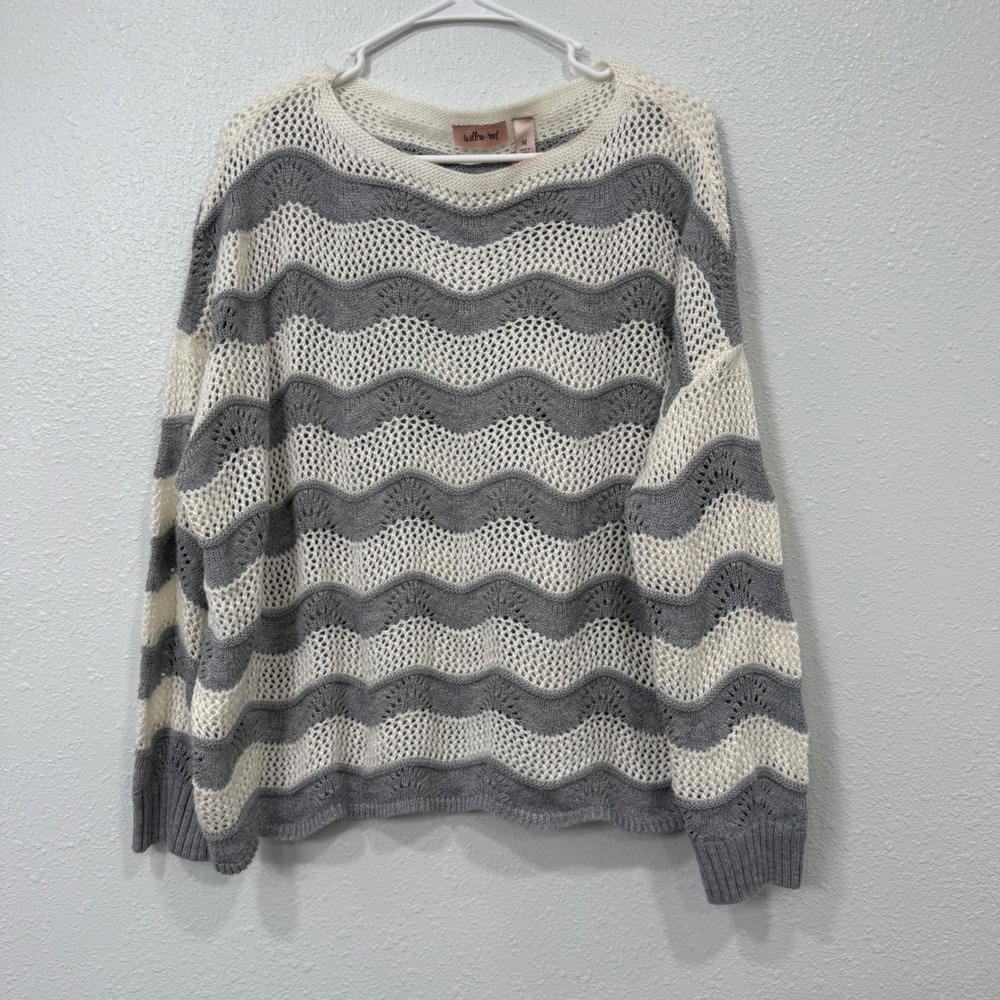 Willow + Root Grey Cream Wavy Stripe Open Knit Pointelle Sweater Womens Medium